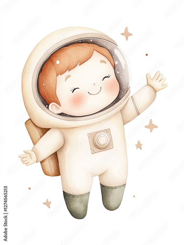Poster cheerful child in spacesuit waves joyfully, surrounded by sparkl