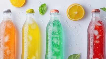 Colorful bottles of fizzy drinks with ice, lemon slices, and mint leaves on a clean surface