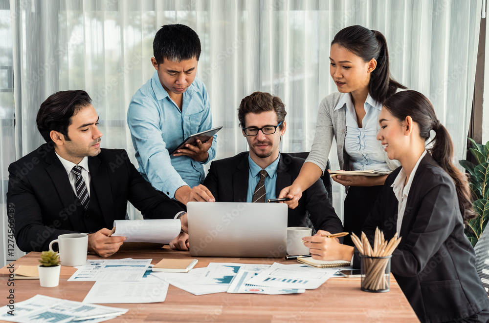 Poster diverse group of business analyst team analyzing financial data report paper on office table. chart 