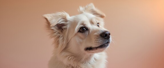 Adorable fluffy dog tilting head on peach background