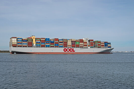 OOCL Iris, a Neo-Panamax class container ship with 16,828-TEU capacity, sails into Charleston Harbor, SC, USA on February 18, 2025.