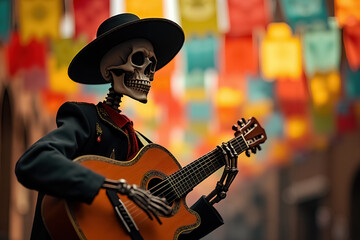 Vibrant Dia de Muertos Celebration Featuring Mariachi Skeleton Playing Guitar