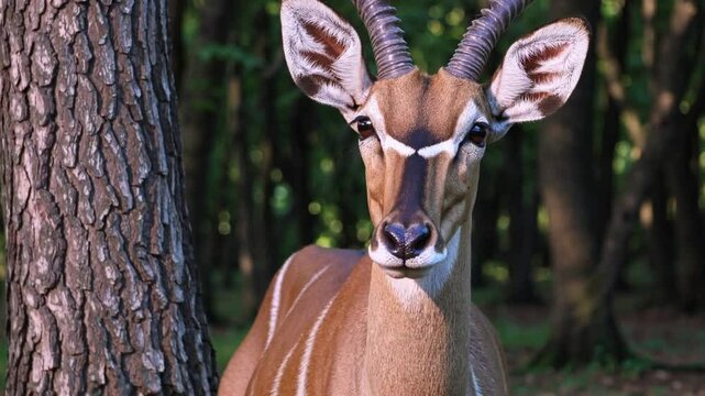 Antelope Standing Still in a Forest &ndash; Graceful Wildlife with Sleek Fur and Elegant Horns, Blending into the Dense Woodland with Soft Sunlight Filtering Through the Trees. Perfect for Nature, Wildlife
