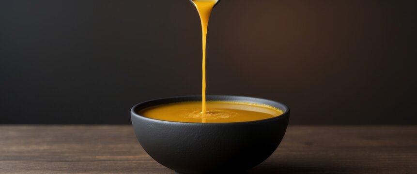 Golden Turmeric Latte in Black Bowl on Dark Background