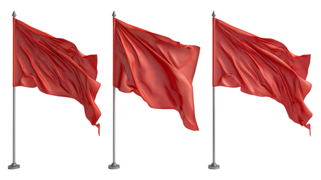 Red Flags Waving Dynamic Fabric Design, Elegant 3D Wave Cloth for Banner Themes, isolated on transparent background.