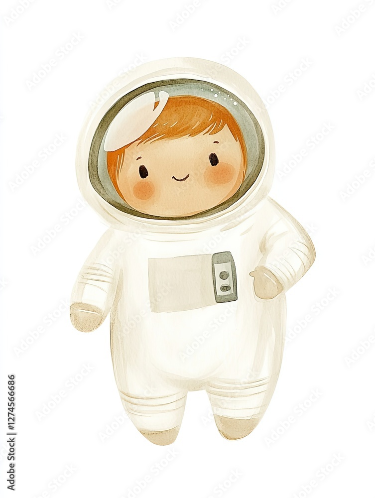 Poster cheerful astronaut character with friendly expression and playfu