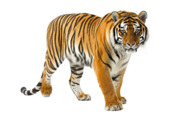 Powerful tiger walking with confidence, showcasing its features and stripes isolated on transparent background