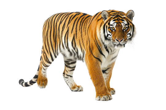 Powerful tiger walking with confidence, showcasing its features and stripes isolated on transparent background