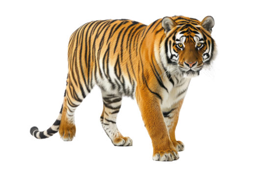 Powerful tiger walking with confidence, showcasing its features and stripes isolated on transparent background