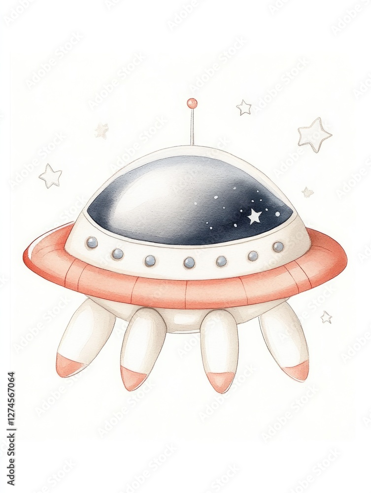 Poster whimsical spaceship design with soft colors and playful details
