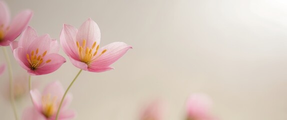 Fototapeta premium Delicate pink petals with yellow stamens