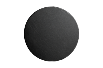 Flat lay view of Round black slate stone tile isolated on transparent background