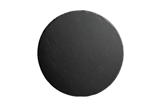 Flat lay view of Round black slate stone tile isolated on transparent background