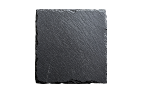 Flat lay view of rectangular black slate stone tile isolated on transparent background