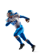 Football. Sport epic action of a male american football players running with the ball. American football player in action and motion. Sport. Running athlete
