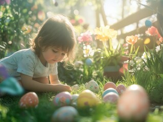 A young child sitting on grass looking at colorful Easter eggs.