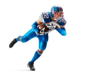 Running athlete. American football player in action and motion. Football. Sport epic action of a...