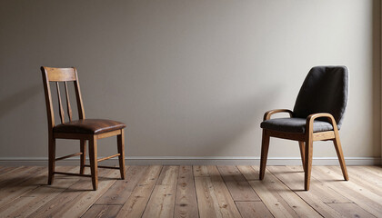 Minimalist interior featuring two wooden chairs, one rustic and one modern, on a wooden floor with soft lighting copy space