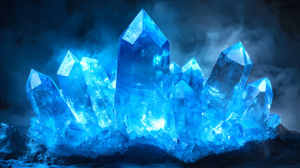 Glowing blue crystal texture with prismatic light rays - abstract background of shining gemstones and minerals. Luminous Metaphysical Energy. Illustration