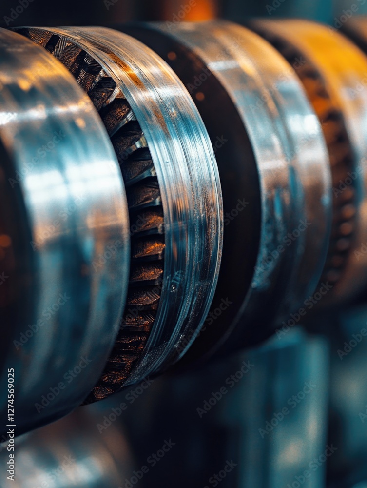 Poster an inside view of a large industrial gear manufacturing process showing the precision and craftsmans
