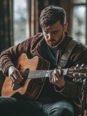 A man with a beard, playing a guitar. He's in a room with a comfortable ambiance.