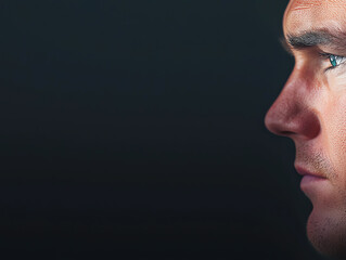 Profile portrait of a thoughtful man with intense expression and striking features against a dark background