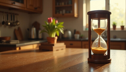 Charming hourglass with golden sand set on a wooden kitchen table, surrounded by potted plants and sunlight, copy space