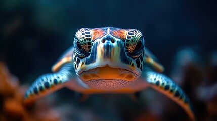 A baby sea turtle swims underwater facing forward