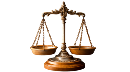 Antique Brass Scales Justice Balance, Legal Court Symbol in Golden Brown Metal, isolated on transparent background.