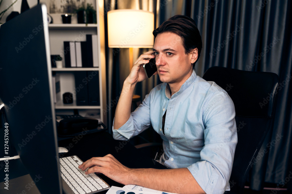Poster smart businessman calling with smartphone for consulting business paragraph dynamic database marketi