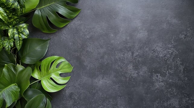 Fototapeta Green tropical leaves on textured concrete background for natural design theme