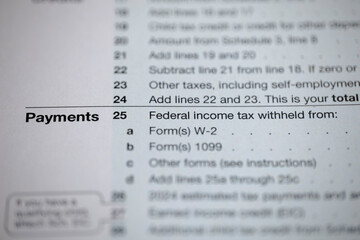 Close-up on the 'Payments' section of a tax form, focusing on federal income tax withheld and forms...