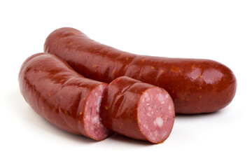 Grilled german bratwurst sausages, isolated on white background.