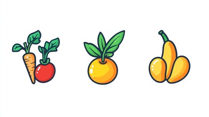Colorful fruit and vegetable icons; healthy eating; white background; recipe website