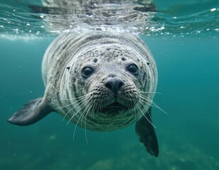Seal swimming underwater in a clear ocean. Wildlife photography. World Aquatic Animal Day and marine conservation concept.