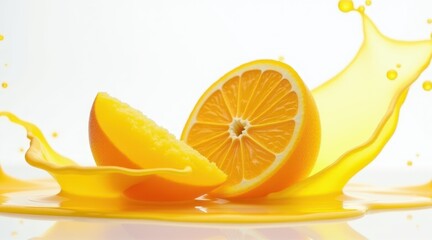 An energetic burst of color as sliced oranges meet a bright yellow wave, symbolizing freshness and vitality.