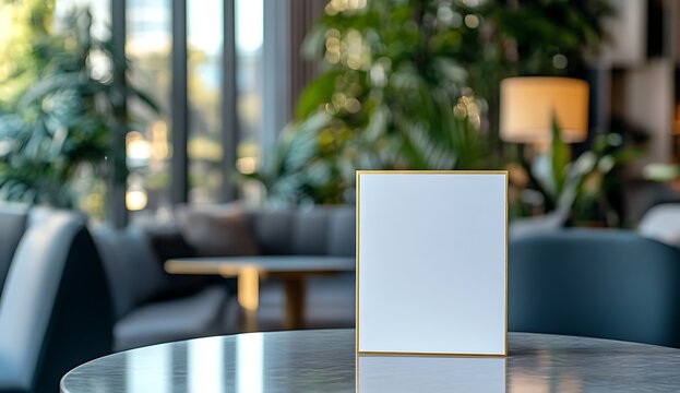 A white A5 card with a thin gold border, placed on a table in a hotel lounge room. Behind it, there are windows and couches. 