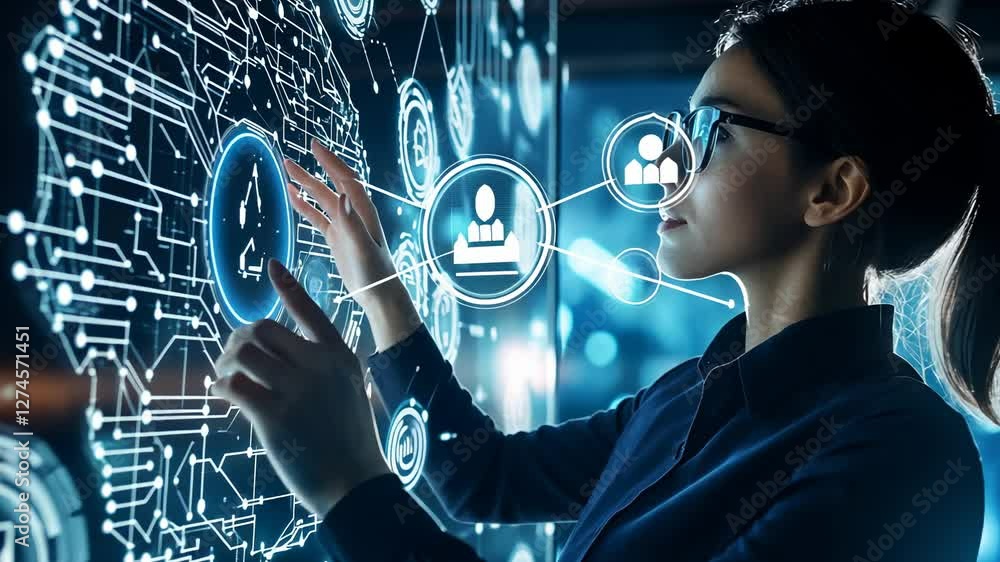 Poster woman interacts with a futuristic digital interface, showcasing data analysis and network visualizat