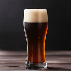 Dark stout beer in a glass mug with creamy foam on rustic background