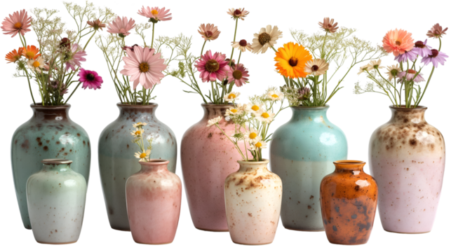 Pastel Vases Pink and Teal Ceramic, Beautiful Floral Decor for Room and Table Themes, isolated on transparent background. - Powered by Adobe