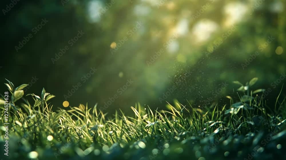 Poster a serene nature video scene with a low-angle view of grass and floating particles, capturing a tranq