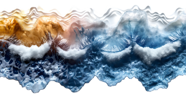 Abstract Ocean Waves Blue and Gold Resin Art, Fluid Water Texture for Design, isolated on transparent background.