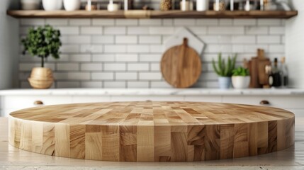 Clean kitchen interior with a round wood countertop, perfect for product montages or banners