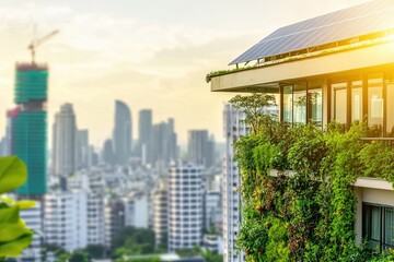 Obraz premium A modern city panorama includes an eco-friendly skyscraper covered in greenery and topped with solar panels