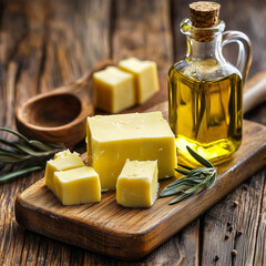 Fresh butter cubes and olive oil bottle on rustic wooden board 