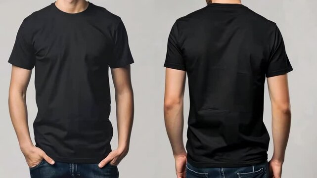 Two men in black t-shirts, front and side view, on a neutral background. Medium shot, ideal for a fashion video showcasing casual wear.