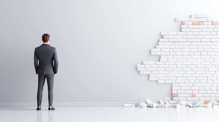 Obraz premium Businessman facing a cracked wall conceptualizing obstacles and opportunities in the corporate environment