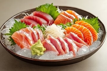A meticulously arranged platter of assorted sashimi, featuring fresh salmon and tuna on ice, complemented by delicate garnish and traditional wasabi.