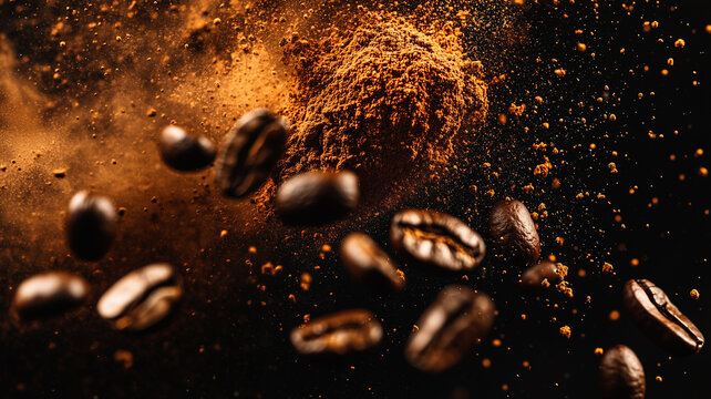 Coffee Dust Explosion: Roasted Beans and Powder in Motion 