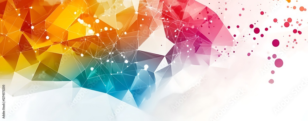 Poster abstract polygonal background with colorful shapes and dots on a white background,